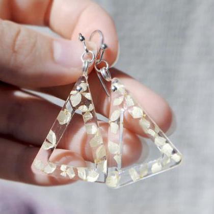 Triangles With White Hydrangea Resin Earrings