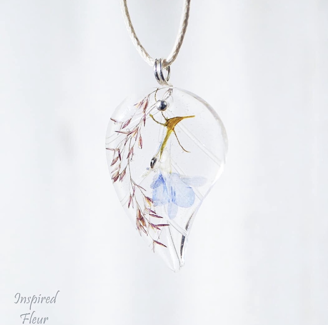 Minimalistic Leaf Pendant With Lobelia And Spikelets Necklace