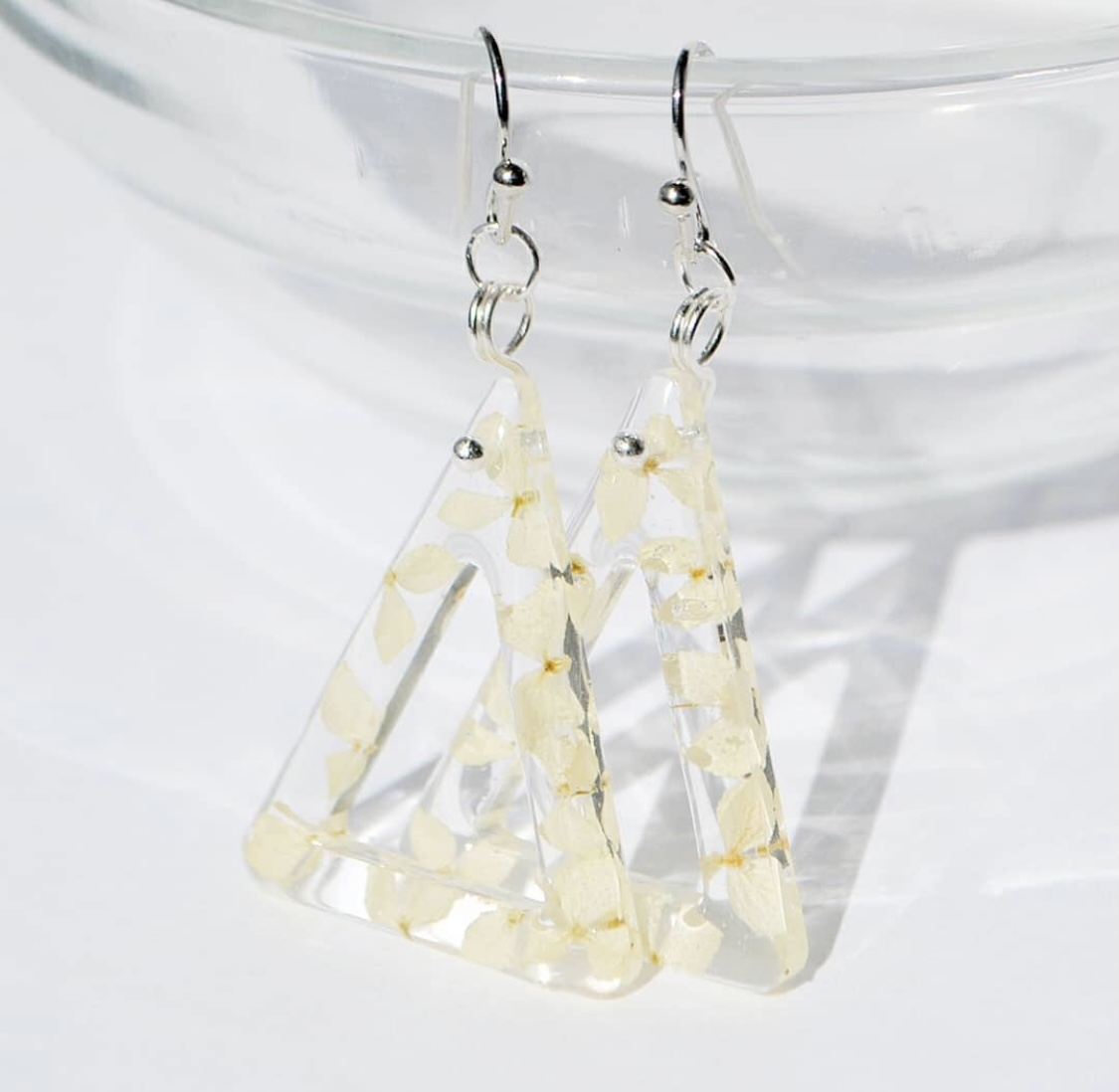 Triangles With White Hydrangea Resin Earrings