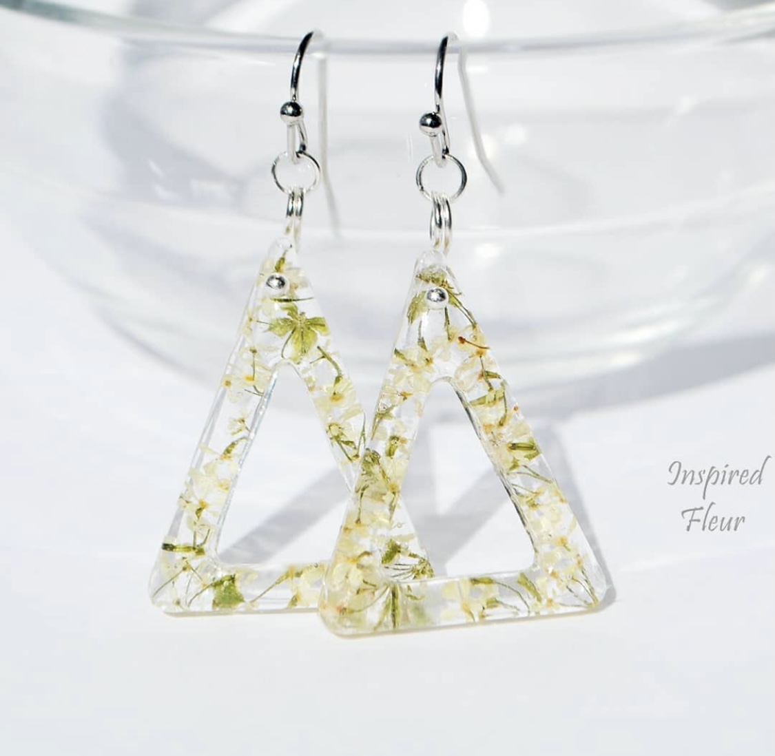 Triangles With Flowers Of Dream, Delicate Light Earrings