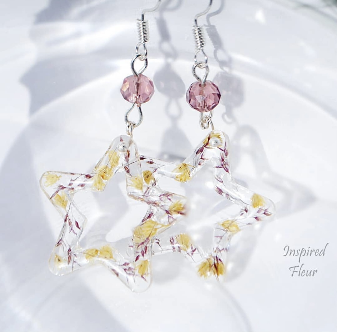 Field Spikelets And Goldenrod Star Shaped Resin Dangle Earrings