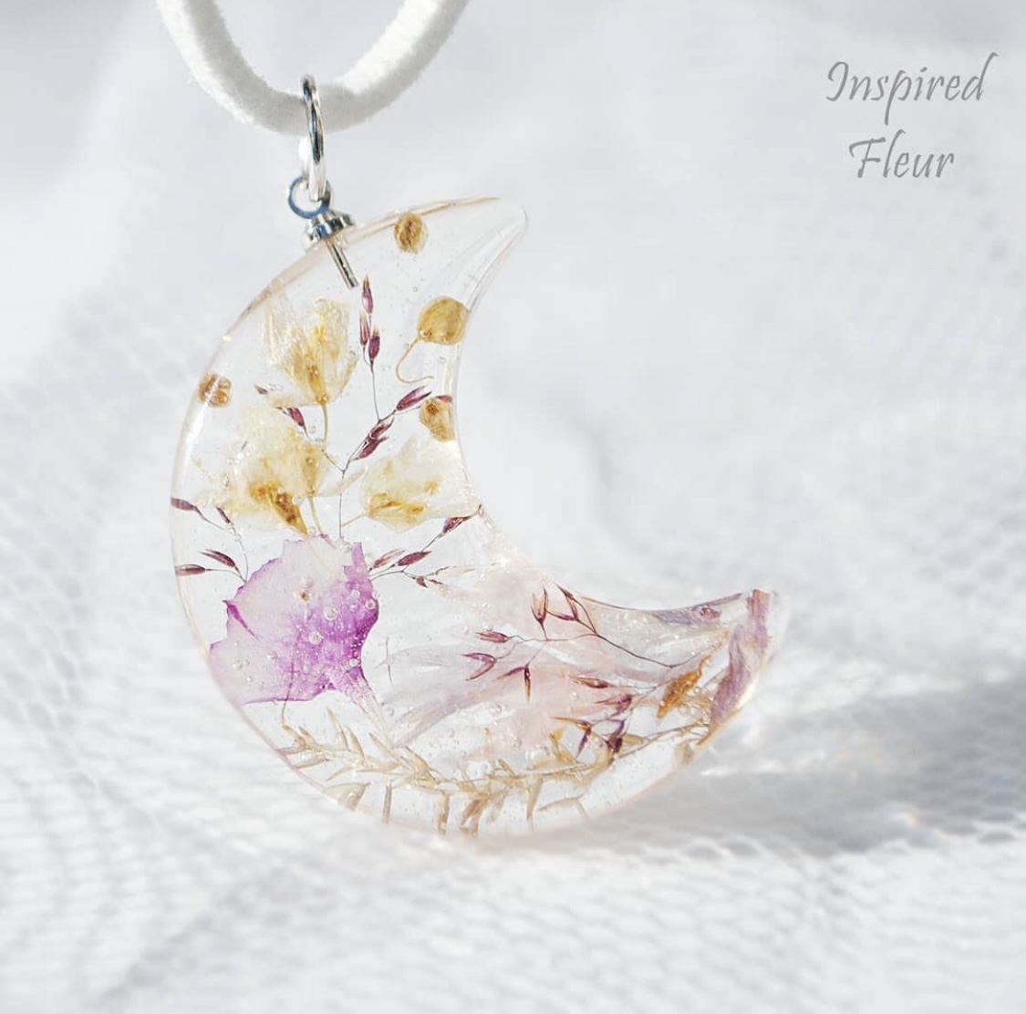Pink Plant Shades Crescent Shaped Resin Pendant Necklace
