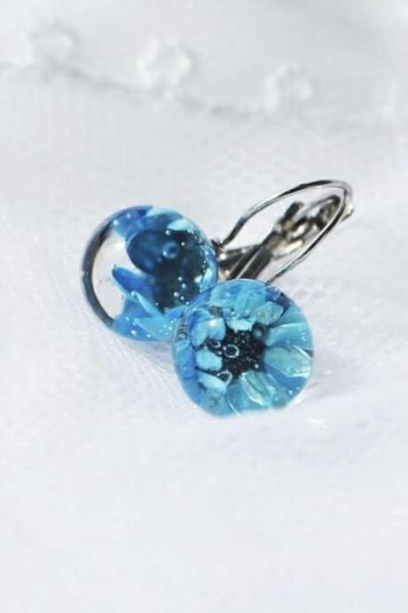 Magic Spheres With Blue Flower And Bubbles Earrings