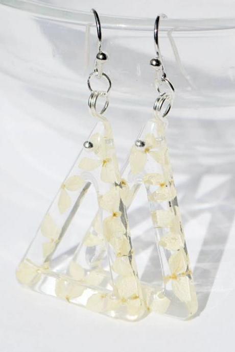 Triangles with white hydrangea resin earrings