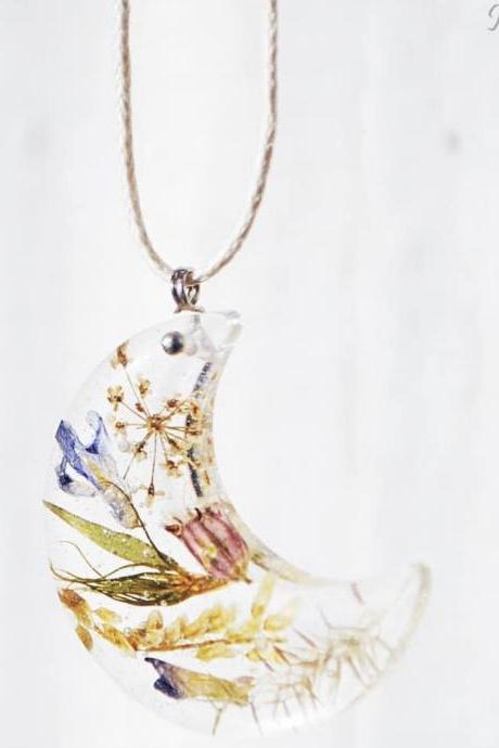 Pressed Flowers Moon Crescent Resin Pendant Necklace