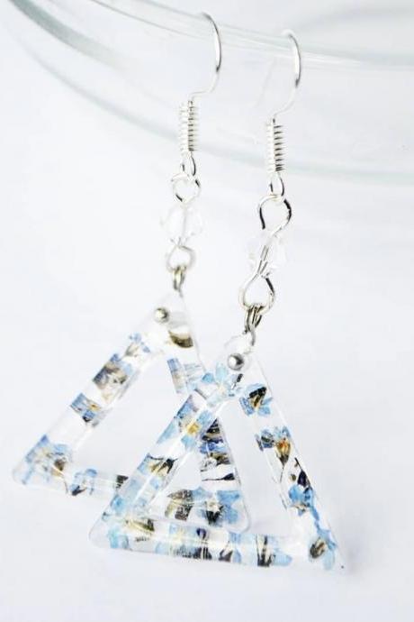 Triangles with flat-dried forget-me-nots resin earrings